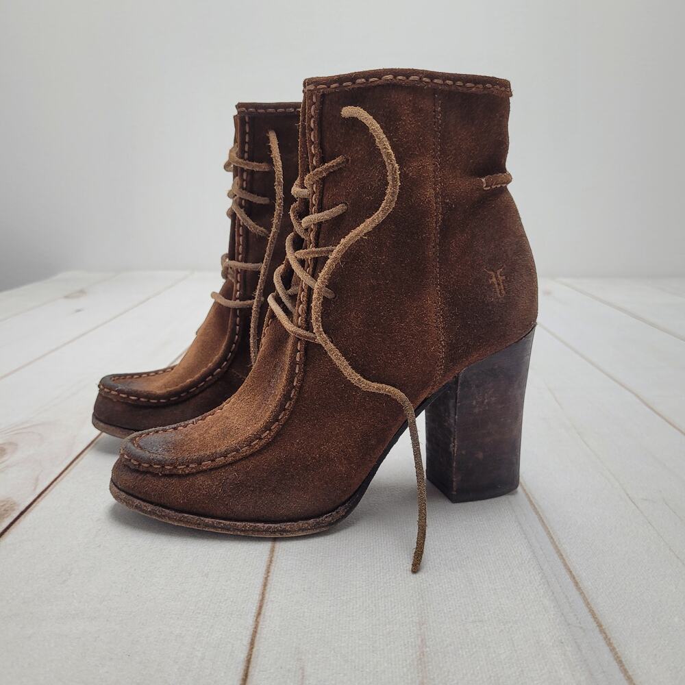 Frye Parker Moc-Toe heeled brown leather ankle boots lace up western 7.5 boho